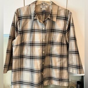 100% SILK Stunning Plaid size 16 gorgeous Button-Up Shirt, 3 quarter sleeve